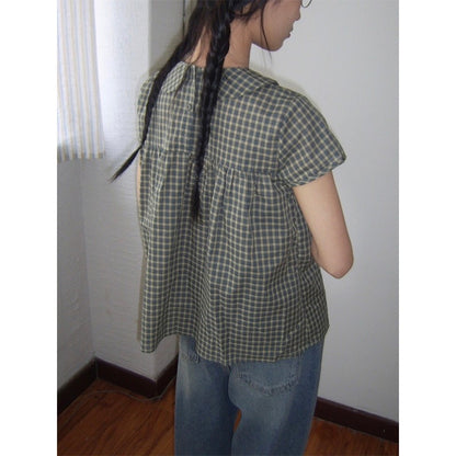 Vintage Plaid Shirts Women Japanese Harajuku Bow Peter Pan Collar Blouses Summer Korean Aesthetic Short Sleeve Casual Tops New