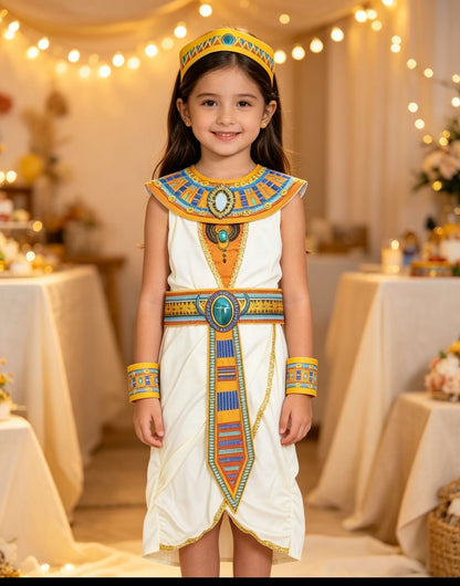 Girls Egyptian Costume Dress with Accessories, White and Gold Themed Outfit for Halloween Party
