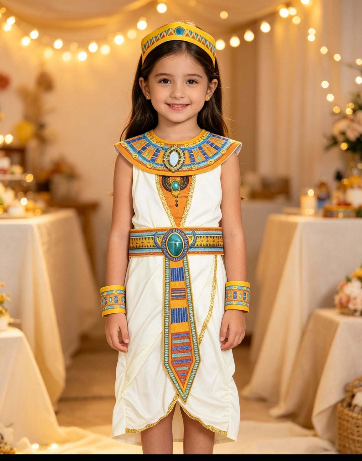 Girls Egyptian Costume Dress with Accessories, White and Gold Themed Outfit for Halloween Party