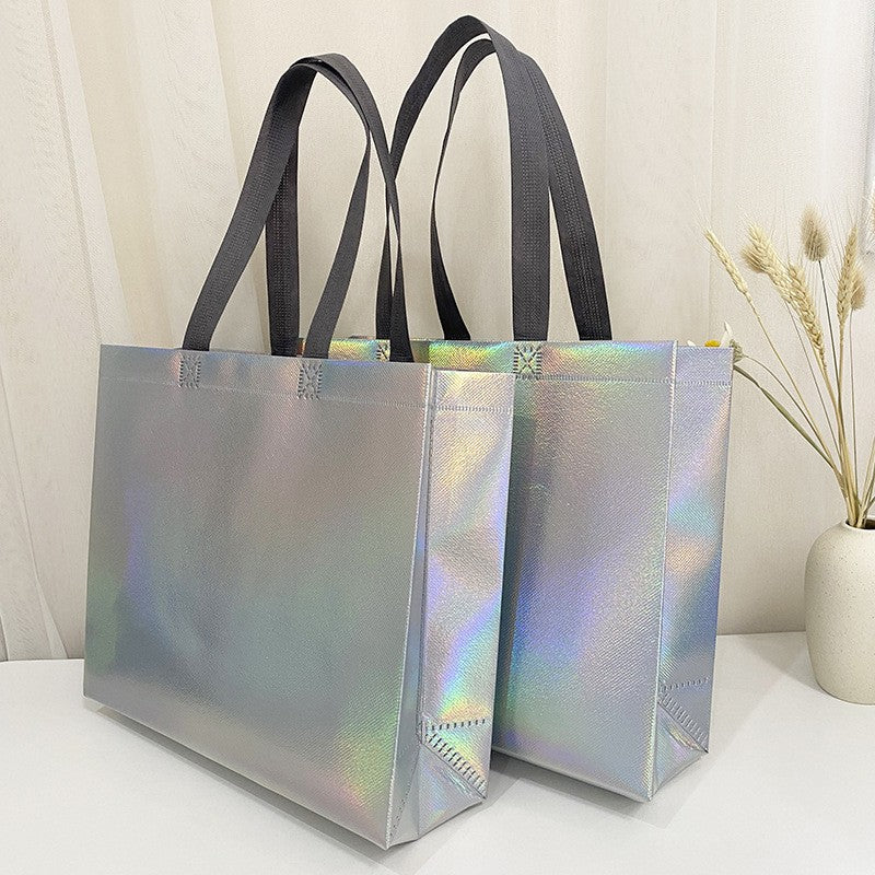 10Pcs Reusable Silver Laser Tote Bag Durable Non Woven Gift Shopping Bag for Wedding Bridesmaid Party Birthday Eco Friendly