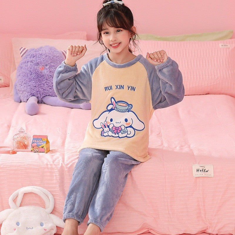 Sanrio Kawaii Kuromi Cinnamoroll Kids Winter Pajamas Set Children's Sleepwear Warm Flannel Homewear for Girls Anime-Inspired