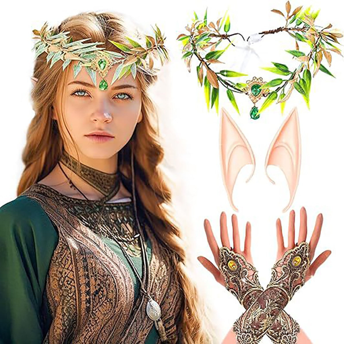 Halloween Costume Set Decoration Pixie Leaf Wreath Elegant Fairy Queen Costume Headbands with Elf Ears For Parties Cosplay