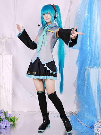 Miku Cosplay Costume Full Set Silver Leather Fabric Suit Miku Cosplay Headwear Costume Outfit JK Sailor Dress School Uniform