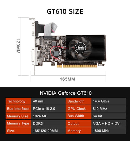 Placa de Vídeo SZMZ GT610 1G/2G DDR3 NVIDIA GeForce GT 610 Placa Gráfica PCIE X16 2.0 HD DVI VGA 1800MHz 64Bit GPU Computador de Mesa