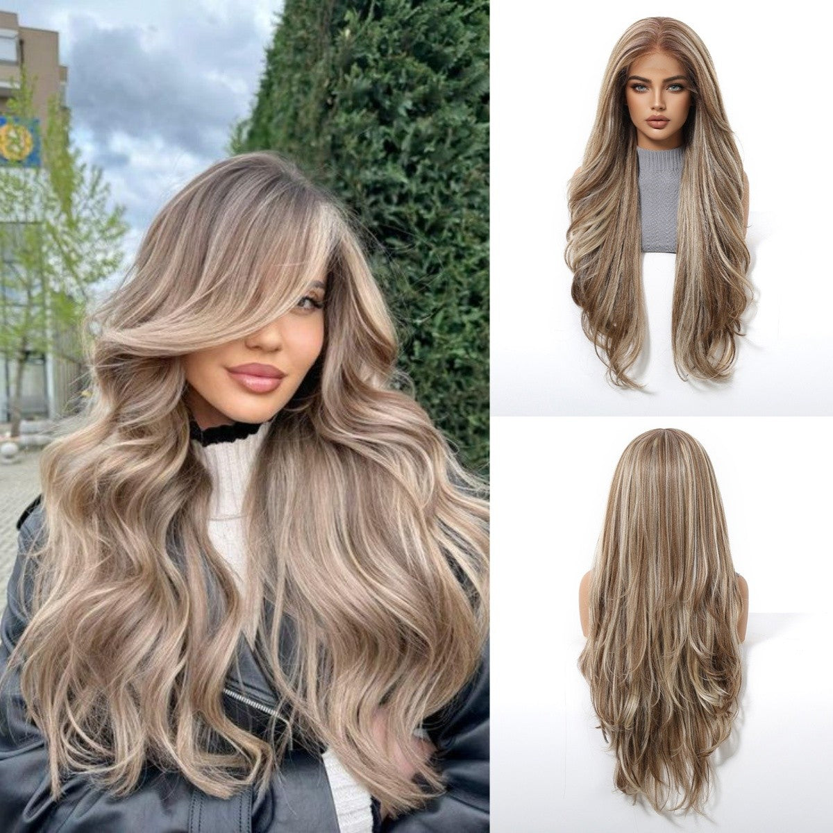 HENRY MARGU Peruca Sintética Lace Front 13x6 Peruca Longa Castanho Cinza Cabelo Ondulado Natural para Uso Diário Peruca de Fibra de Alta Temperatura