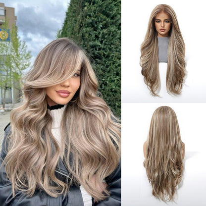 HENRY MARGU Peruca Sintética Lace Front 13x6 Peruca Longa Castanho Cinza Cabelo Ondulado Natural para Uso Diário Peruca de Fibra de Alta Temperatura