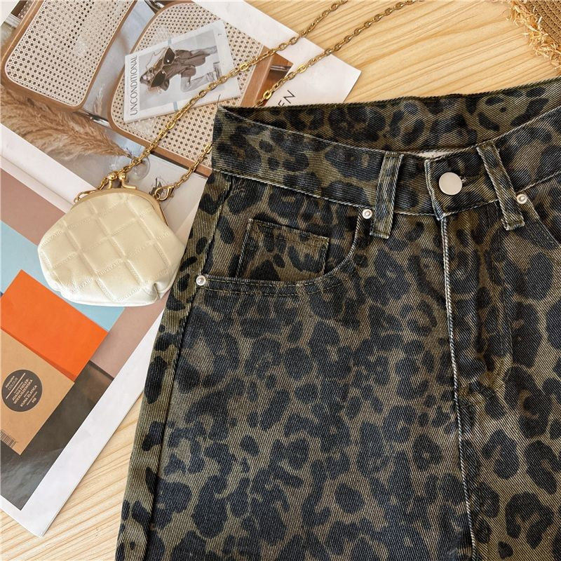 Casual Loose Womens Jeans Retro American Style Leopard Print Design Straight Leg Pants Workwear Fashion Winter  Women's pants