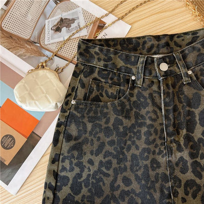 Casual Loose Womens Jeans Retro American Style Leopard Print Design Straight Leg Pants Workwear Fashion Winter  Women's pants