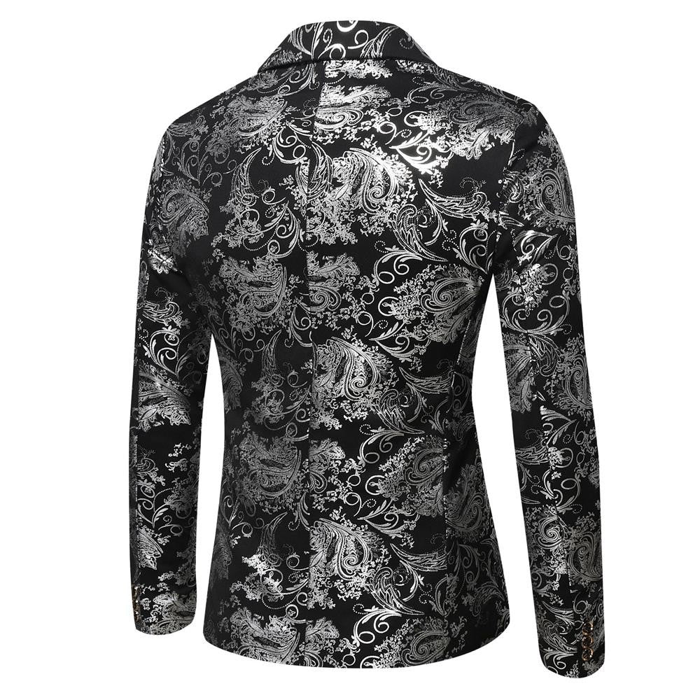 Men's Slim Fit Print Blazer Jacket 2025 Fashion Handsome Business Casual Silver Stage Show Suit Small Menswear