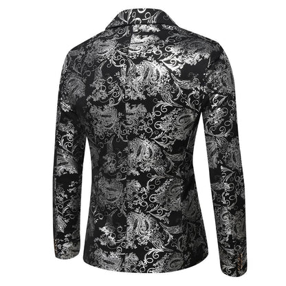 Men's Slim Fit Print Blazer Jacket 2025 Fashion Handsome Business Casual Silver Stage Show Suit Small Menswear