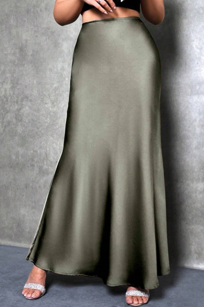 Elegant silk-like satin A-line midi skirt with high waist and mermaid tail for women in spring and summer