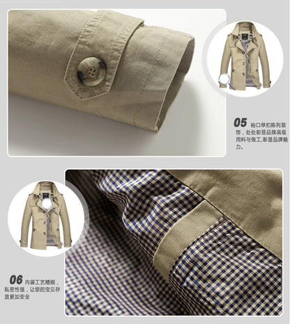 Men's Spring and Autumn New Fashion Casual Cotton Trench Coat, Solid Color Lapel Single-breasted Mid-long Splicing Trench Coat
