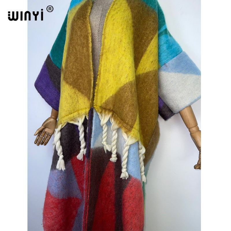 2022 WINYI Winter Women tassel Cardigan coat Loose Christmas dress robe longue Thick Warm free size Middle East Female Kaftan