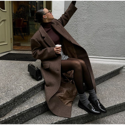 Women Shoulder Pad Wool Long Coats Fashion Lapel Single-breasted Long Sleeve Coat Chic 2025 Autumn Lady Commute Street Outerwear