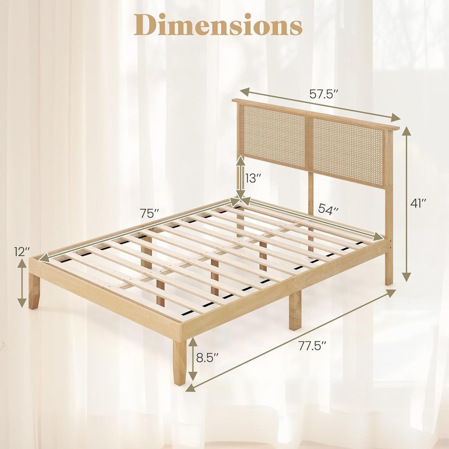 Full Size Wood Platform Bed Frame with Rattan Headboard, Boho Rubber Wood Bed Frame with Plywood Slats & Under-Bed Stora