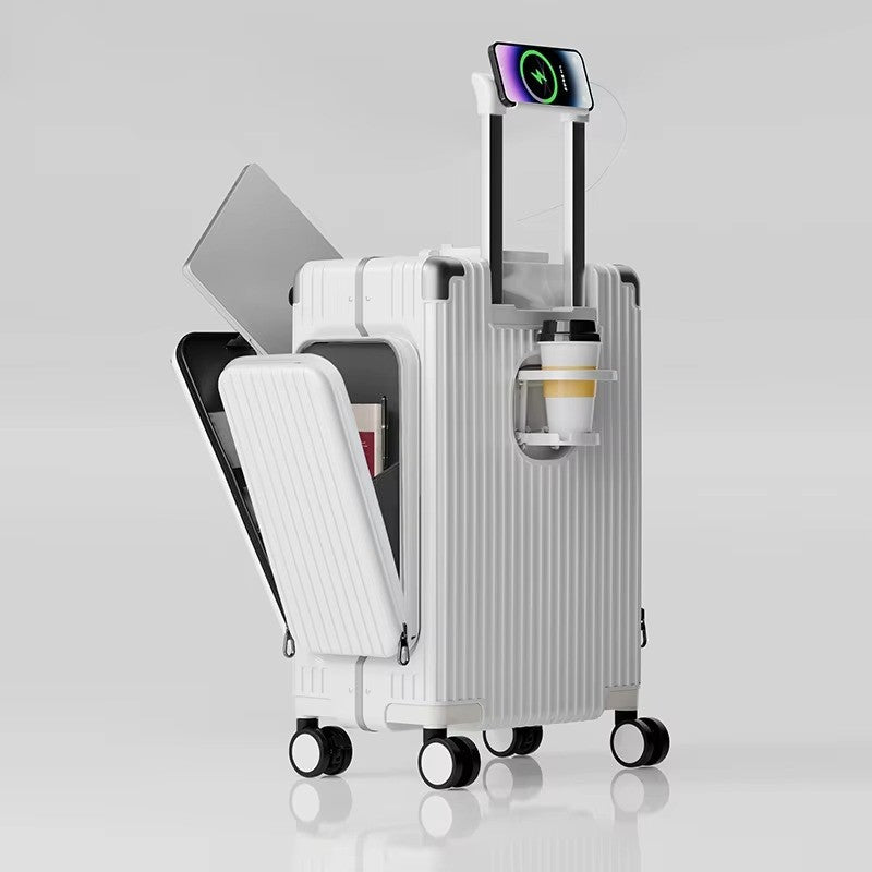 Tri-Zone Access Opening Suitcase Aluminum Frame PC Material Travel Case with Spinner Wheels Cup Holder TSA Lock Rolling Luggage