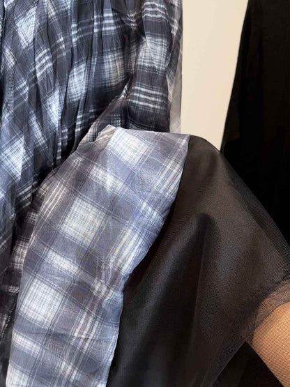 Mesh splicing color blocking plaid midi skirt for women in autumn 2025, new high waisted drape pleated loose umbrella skirt