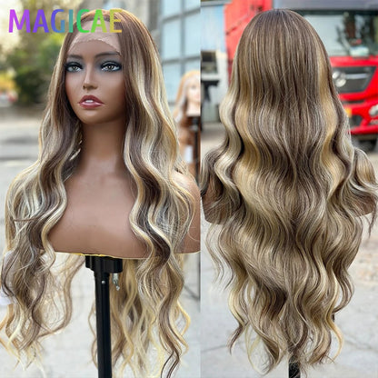 13X4 Lace Frontal Synthetic Body Wave Wigs Ombre Brown Heat Resistant Fiber Blond Swiss Transparent Lace Front Wigs For Women