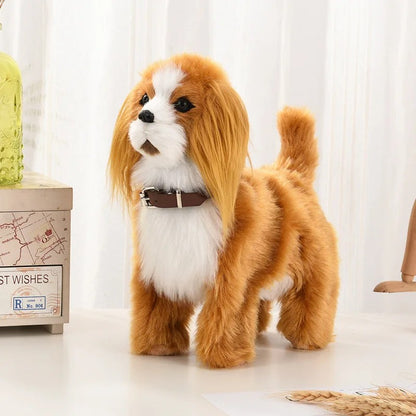 Novo brinquedo de simulação de cachorro elétrico com controle de voz, que anda, acena a cabeça, toca música e é um robô de pelúcia para crianças.