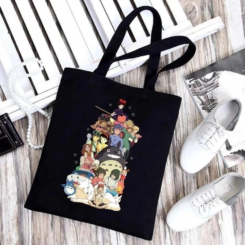 Sacola de Ombro Dobrável em Lona Preta Studio Ghibli, Leve, Grande, Reutilizável, Ecológica para Uso Casual