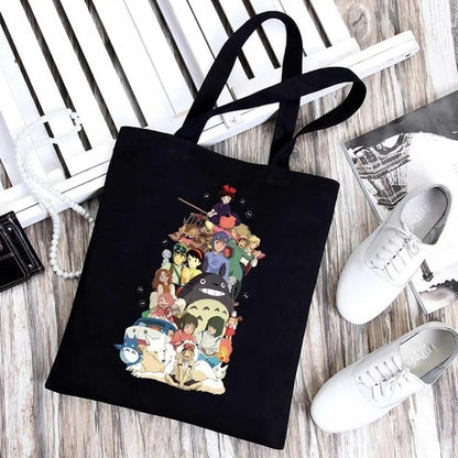 Sacola de Ombro Dobrável em Lona Preta Studio Ghibli, Leve, Grande, Reutilizável, Ecológica para Uso Casual