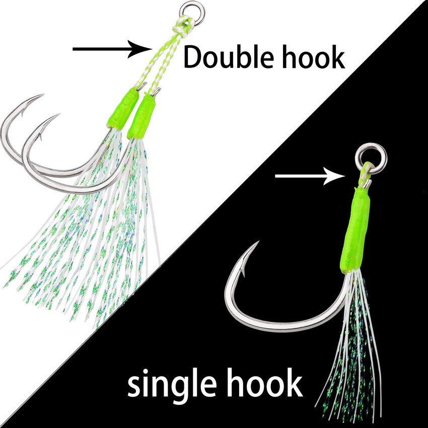 Anzóis Jig Assist 5 Peças, Linha de Aço Inoxidável de Alta Resistência, Tubo Luminoso, Pena, Anel Sólido, Anzol de Jigging, Anzóis de Pesca de Barco