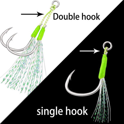 Anzóis Jig Assist 5 Peças, Linha de Aço Inoxidável de Alta Resistência, Tubo Luminoso, Pena, Anel Sólido, Anzol de Jigging, Anzóis de Pesca de Barco
