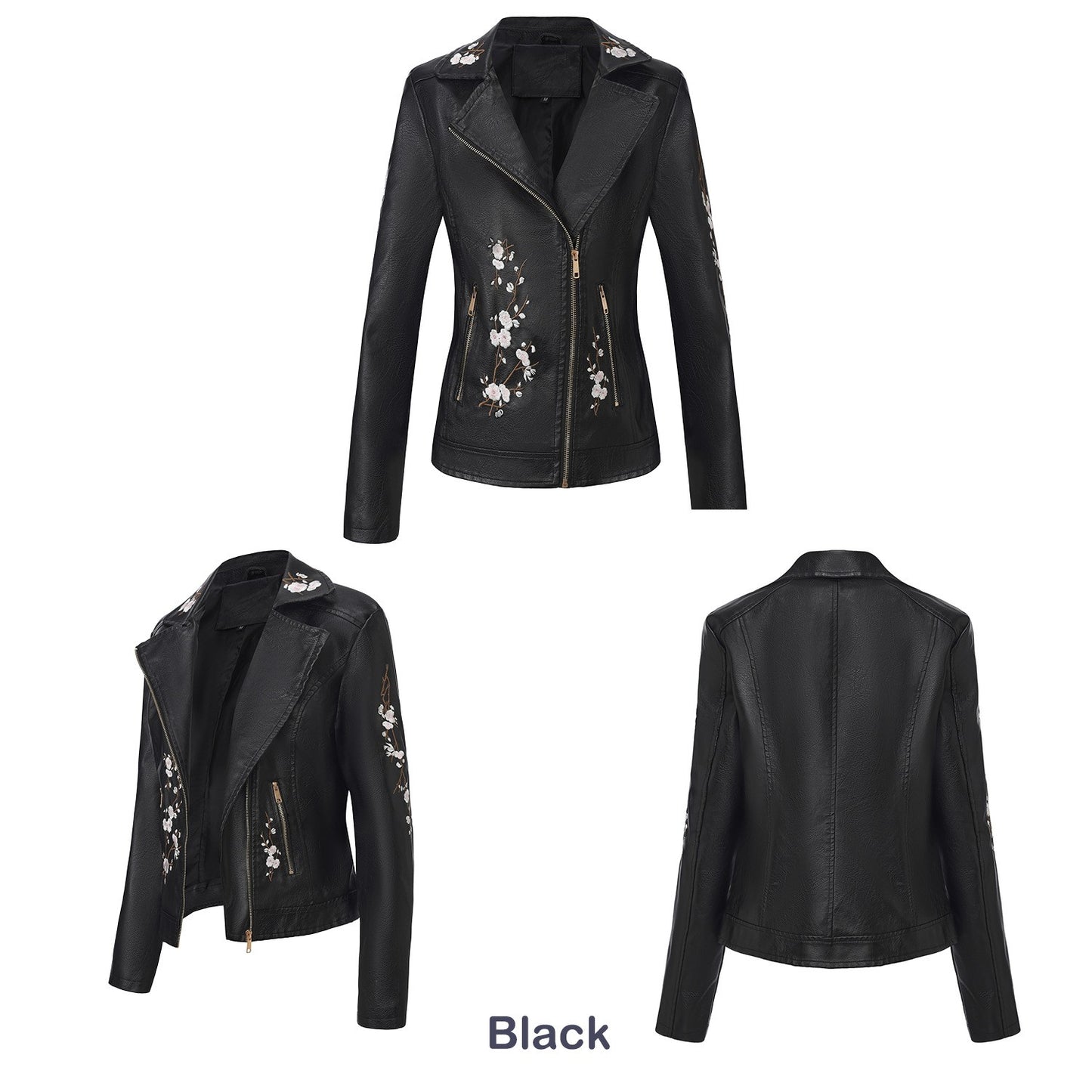 New Fall Women's Black Embroidered PU Jacket, Street-Style Brown Faux Leather Coat, Fashionable Beige Long Sleeves Top.