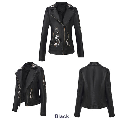 New Fall Women's Black Embroidered PU Jacket, Street-Style Brown Faux Leather Coat, Fashionable Beige Long Sleeves Top.