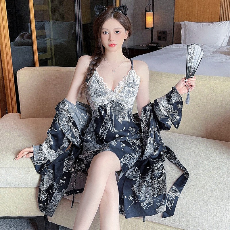 Sexy Nightwear for Women: Premium Ice Silk Strapless Camisole Nightgown Set Pure Desire Nightdress Homewear