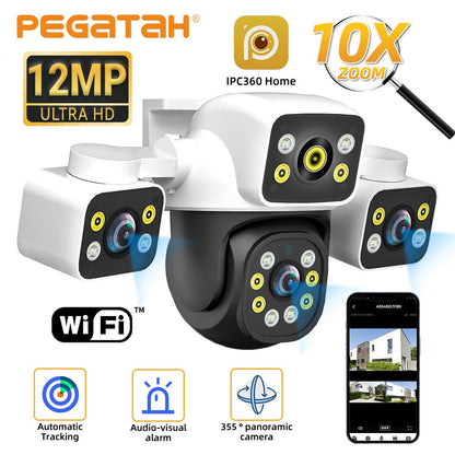 PEGATAH 6K 12MP Outdoor WiFi Camera Three Screen Three Lens 10X Zoom PTZ Automatic Tracking Audible Visual Alarm Security Cam