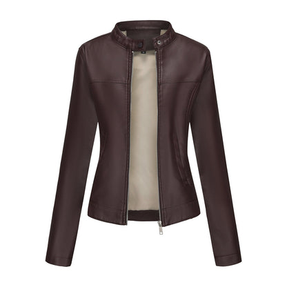 Black Women's Fitted Leather Jacket with Front Zipper & Side Pockets?, Available in Brown, Navy Blue, and Beige.