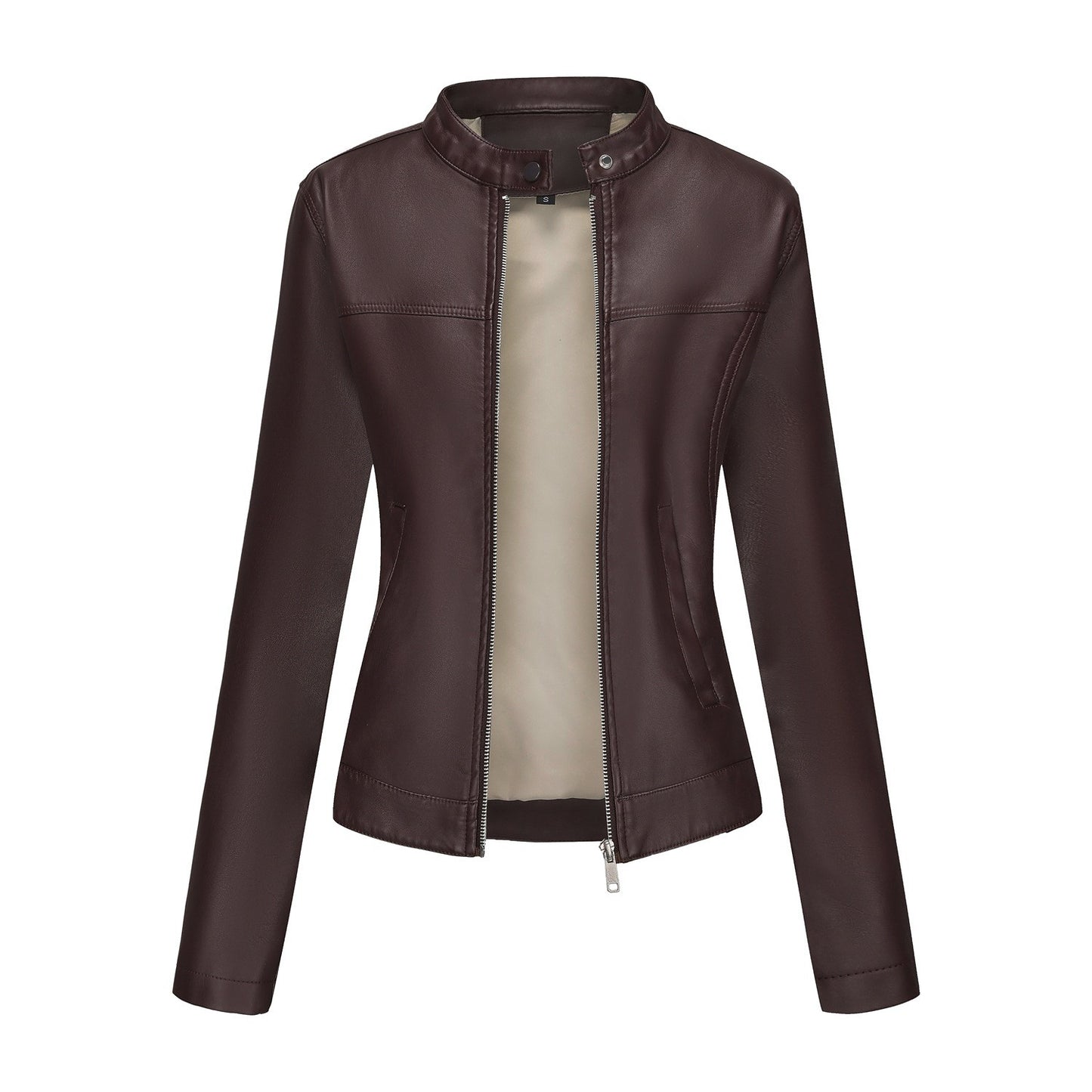Black Women's Fitted Leather Jacket with Front Zipper & Side Pockets?, Available in Brown, Navy Blue, and Beige.