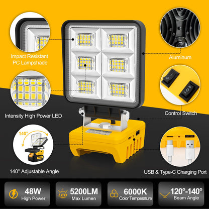 Portable 48W 5200LM LED Work Light Cordless Work Light Adjustable Base Rechargeable LED Flood Light for DeWalt No Battery