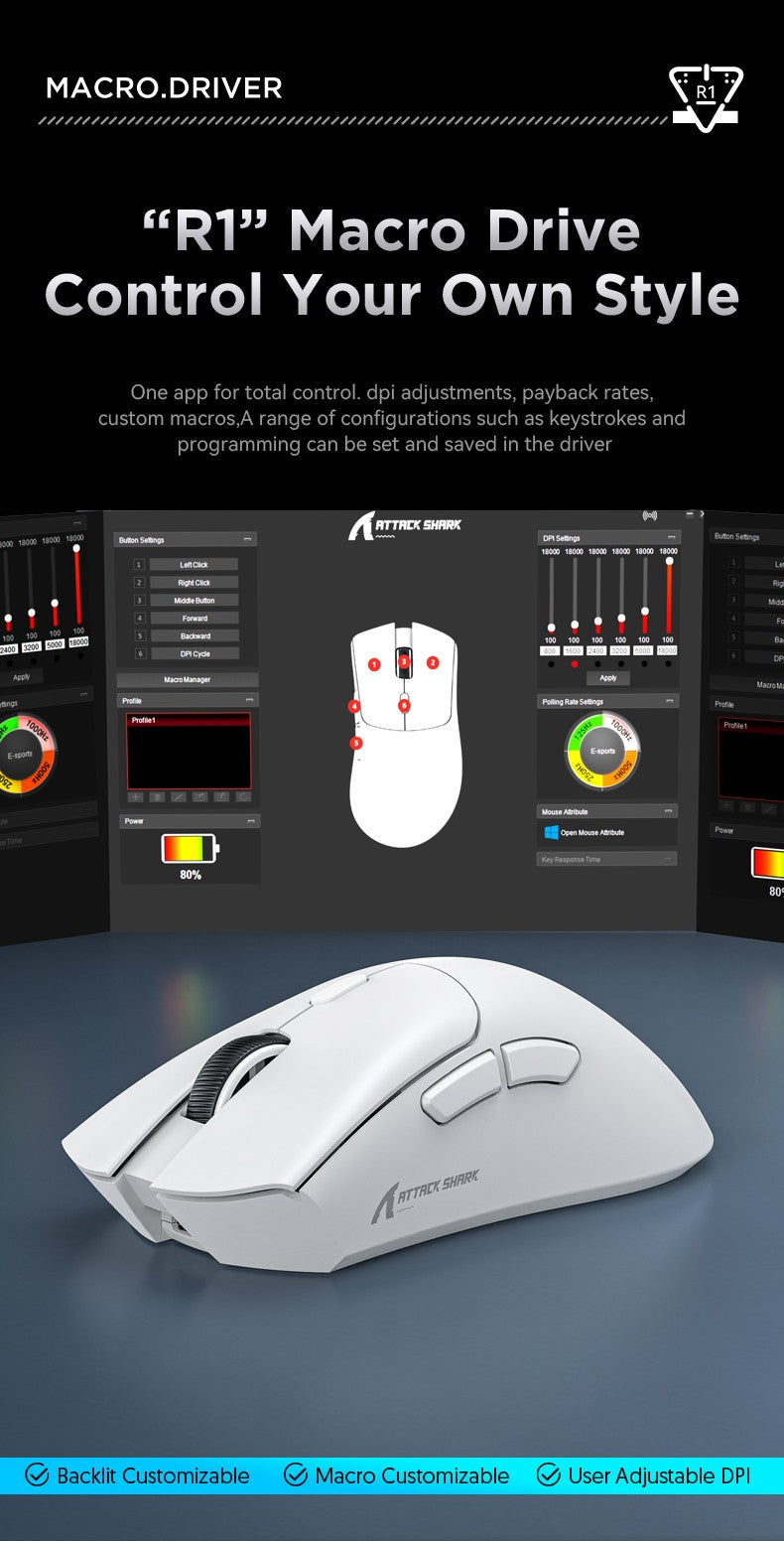 Mouse Gamer Sem Fio Bluetooth Attack Shark R1 18000dpi, 1000Hz PAW3311, Conexão Tri-modo Bluetooth, Macro