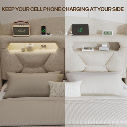 Estrutura de Cama Queen Size com Cabeceira Estofada em Bouclé, Base Plataforma com Armazenamento, Estação de Carregamento, Luzes LED e Espuma Macia