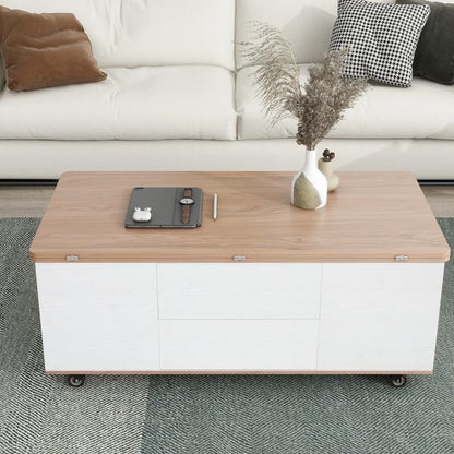 Modern Walnut & White Lift-Top Coffee Table, Multi-Functional with Drawers & Shelves