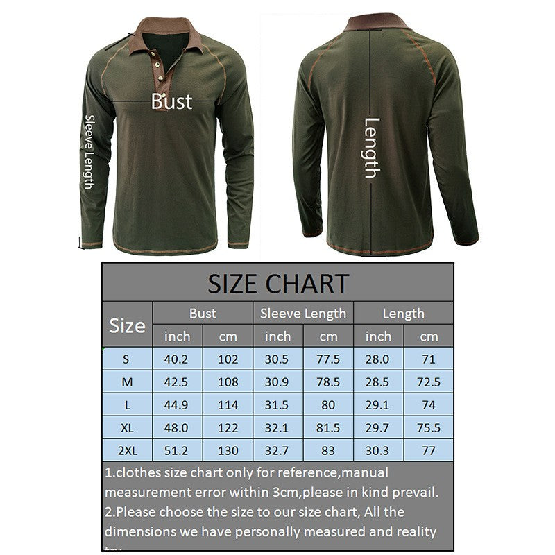 American Men's Autumn Long Sleeve Lapel Henley T-shirt POLO Basic Shirt  Mens Tops