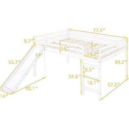 Cama Loft Completa com Escorregador, Cama Loft Baixa com Escada e Grade de Segurança, Estrutura de Cama Loft Completa de Madeira para Crianças, Adolescentes, Meninas e Meninos
