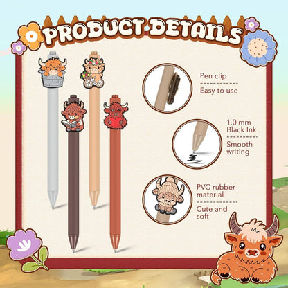 10 Pcs Cute Highland Cow Printed Pens Highland Cow Pen Set School Home Office Stationery Valentine Gift Accessories