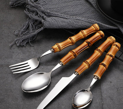 Conjunto de Talheres com Cabo de Bambu Natural, Talheres de Aço Inoxidável, Talheres de Cozinha, Inclui Garfos Colheres Facas Talheres