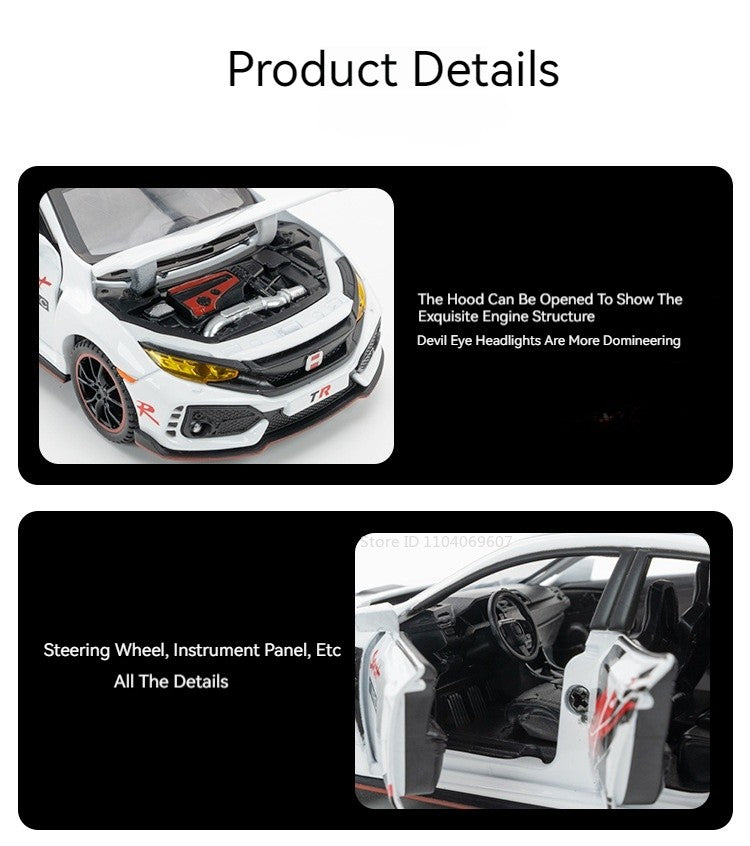 Scale 1:32 CIVIC TYPE-R Car Model Toy Doors Opened Music Light Pull Back Miniature Vehicle Models Deicast Metal Gifts for Kids