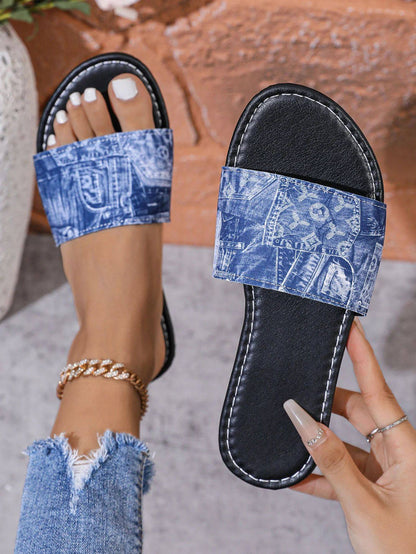 Casual Denim Slippers for Women 2025 Fashionable Non-Slip Wear-Resistant Soft Bottom Comfortable Flat Heel Sandals
