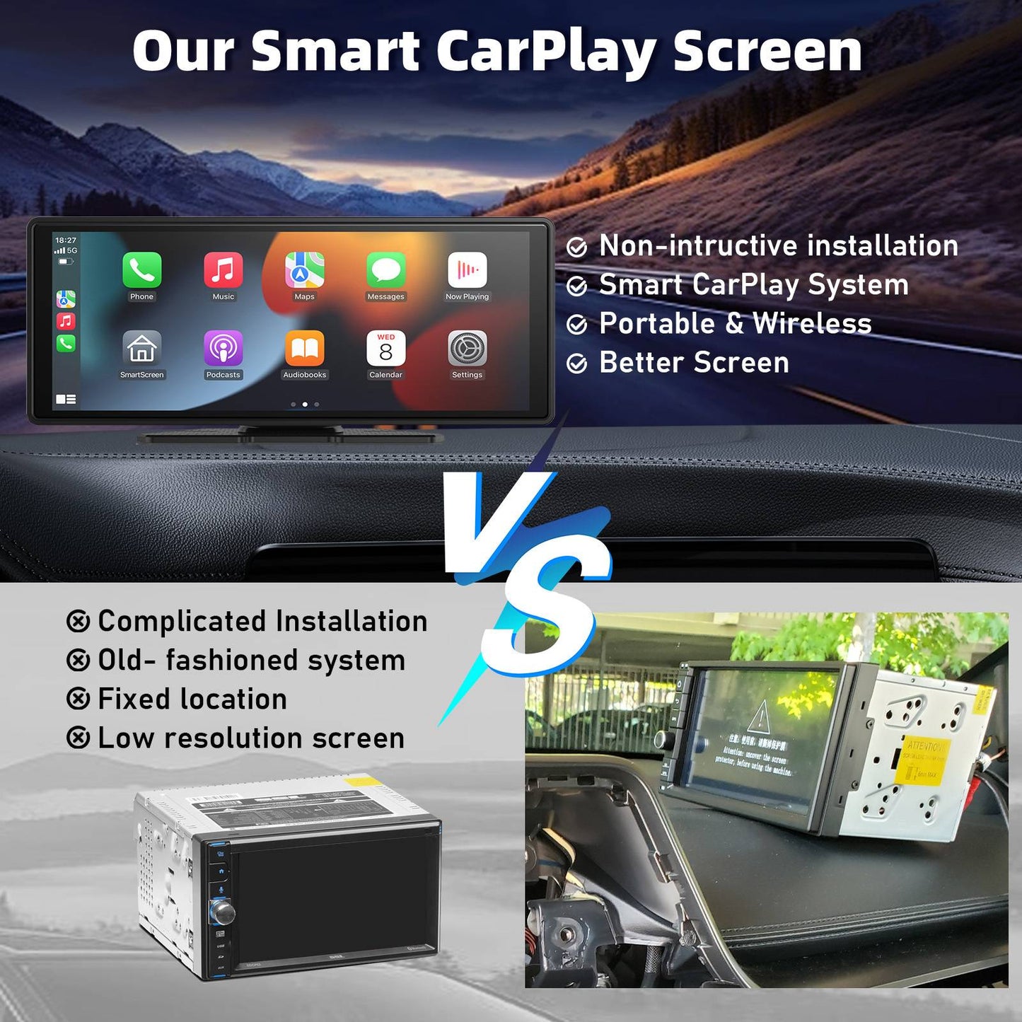 Central Multimídia Portátil Sem Fio com Carplay, Tela Sensível ao Toque HD de 10,26 polegadas para Carro com CarPlay e Android Auto com Mirror Link/Câmera de Ré