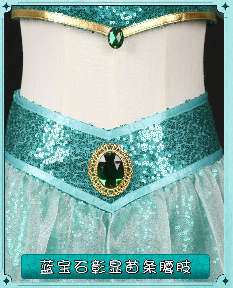 Aladdin Princess Jasmine Cosplay Costume Adult Green Sequined Off Shoulder Top Pants Skirt Set Halloween Party Dress