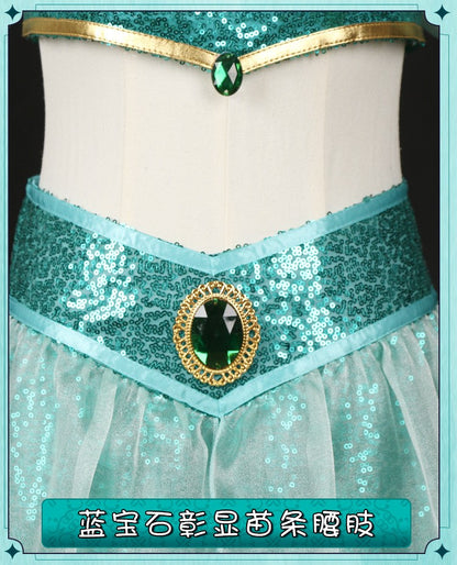Aladdin Princess Jasmine Cosplay Costume Adult Green Sequined Off Shoulder Top Pants Skirt Set Halloween Party Dress