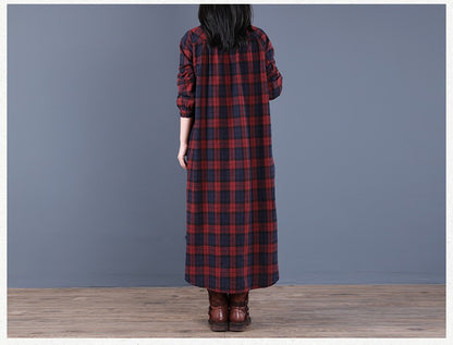 Spring And Autumn New Women's Fashion Loose Splicing Plaid Collar Button Long Sleeve Dress Medium Length Shirt Maxi Dresses 2026
