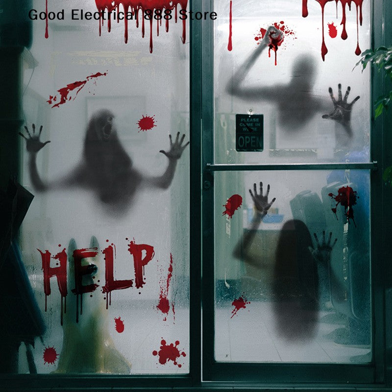 ?G?Halloween Stickers Horror Blood Hand Print Door Stickers Window Bathroom Shadow Glass Female Ghost Wall Decal Halloween Decor