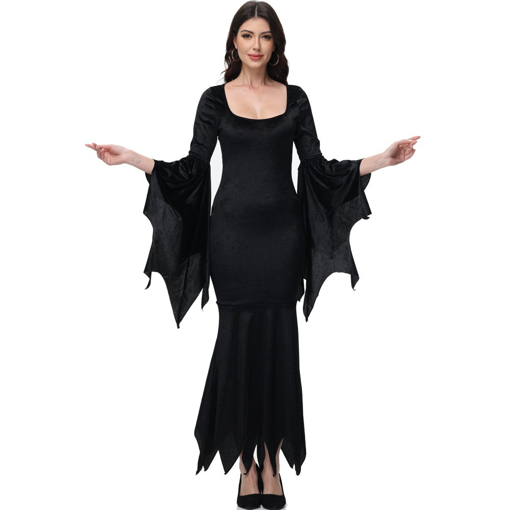 [You're My Secret] Halloween Morticia Adams Primate Black Adams Family Dress Retro Gothic Flared Sleeve Fishtail Dress Vestido