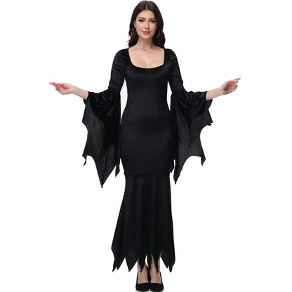 [You're My Secret] Halloween Morticia Adams Primate Black Adams Family Dress Retro Gothic Flared Sleeve Fishtail Dress Vestido